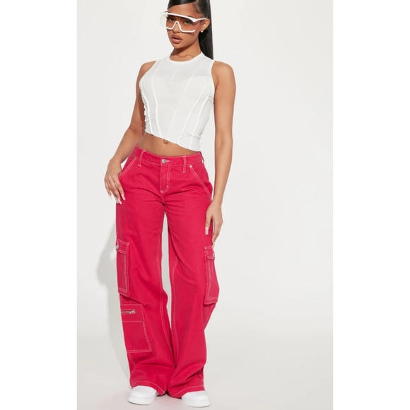 Fashion Nova | No Rules Mid Size Cargo Jeans - Pink - Picture 4 of 4
